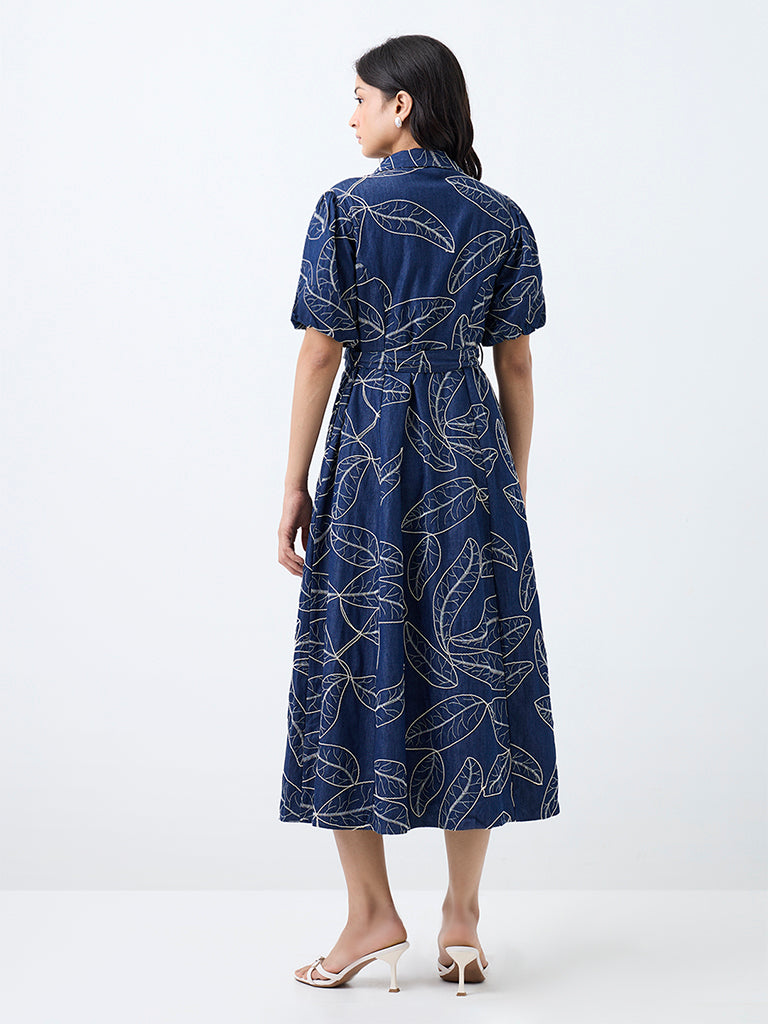 LOV Dark Blue Foliage Embroidered Cotton Shirt Dress with Belt