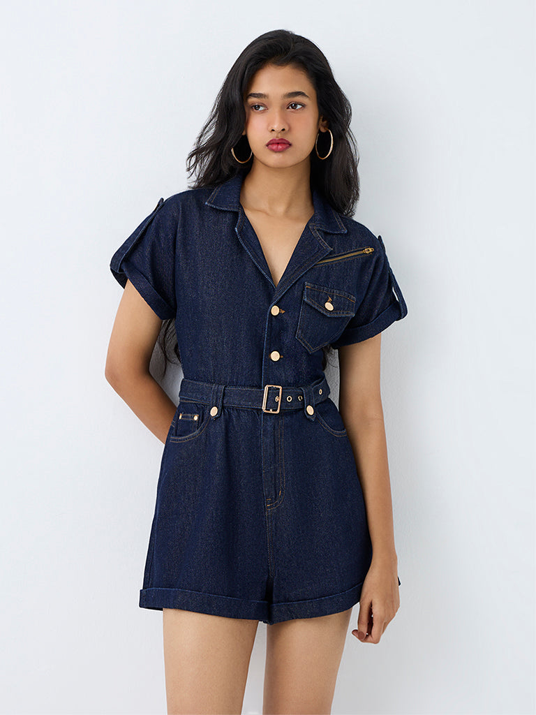 LOV Dark Blue Denim Jumpsuit with Belt