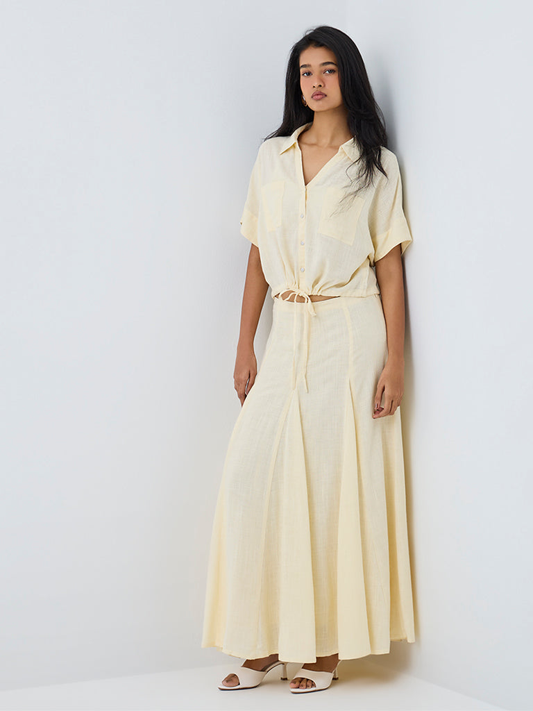 LOV Light Yellow Pleated High-Rise Linen-Blend Maxi Skirt