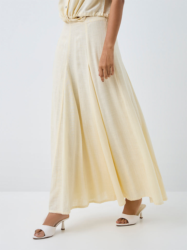 LOV Light Yellow Pleated High-Rise Linen-Blend Maxi Skirt