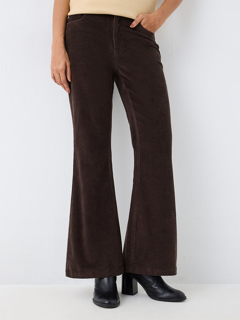 LOV Dark Brown Bootcut High-Rise Corduroy Cotton-Blend Trousers