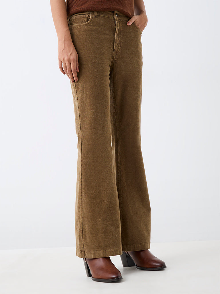 LOV Khaki Bootcut High-Rise Corduroy Cotton-Blend Trousers