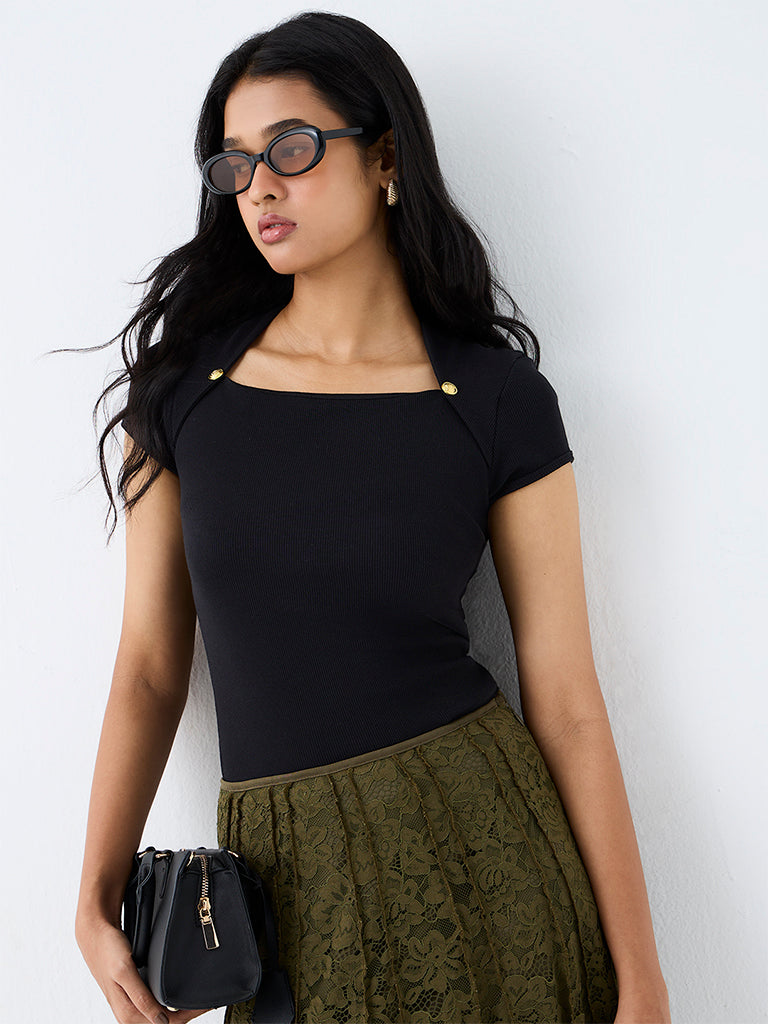LOV Black Solid Cotton-Blend T-Shirt