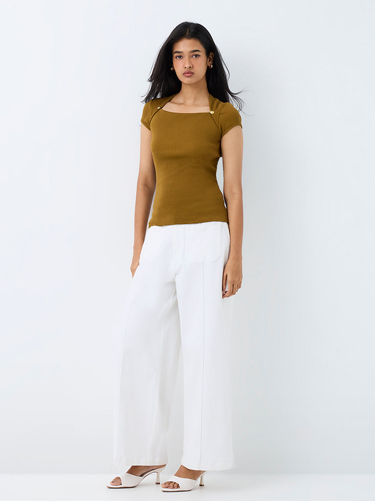 LOV Dark Mustard Ribbed Metal Detail Cotton-Blend Top