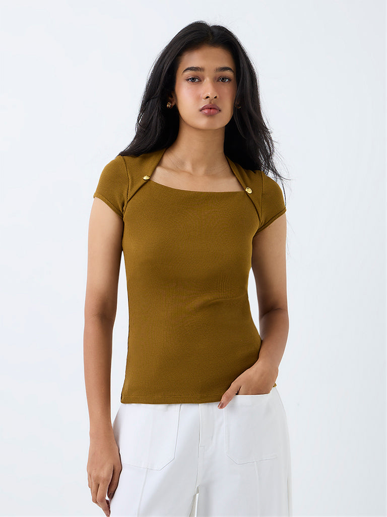 LOV Dark Mustard Ribbed Metal Detail Cotton-Blend Top