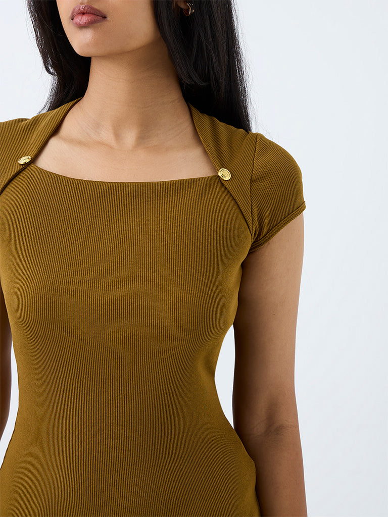 LOV Dark Mustard Ribbed Metal Detail Cotton-Blend Top