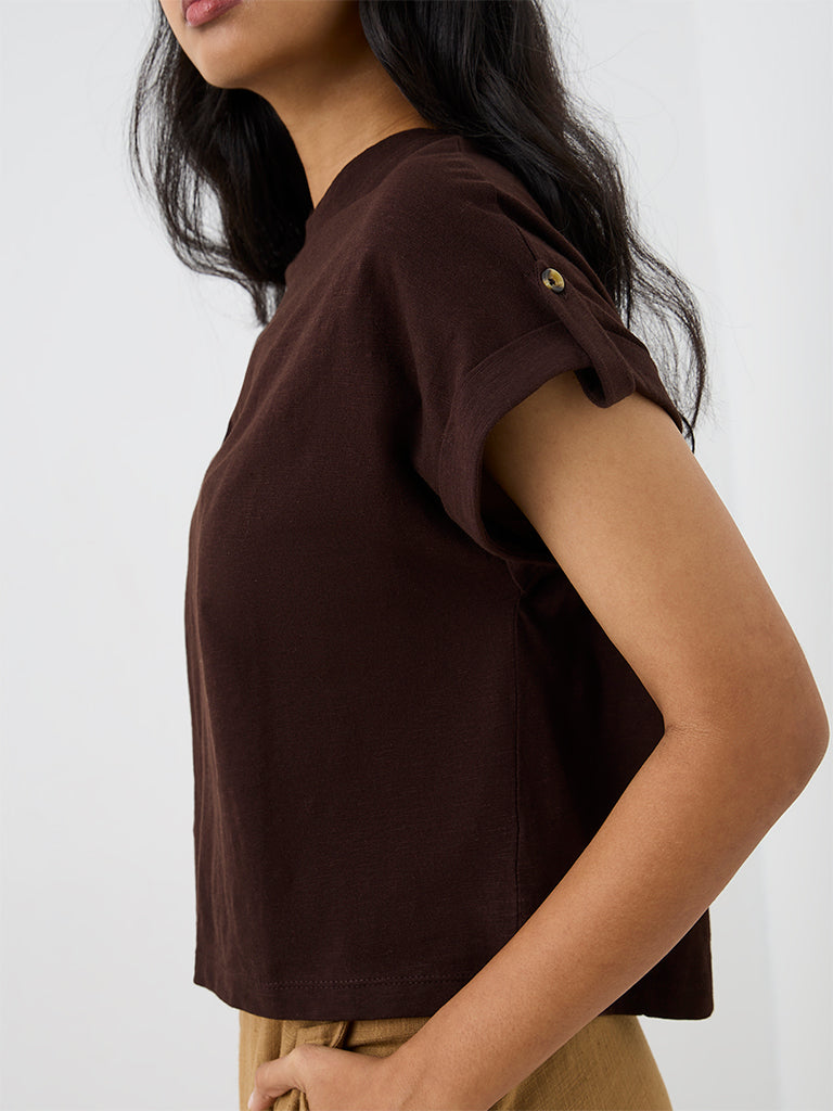 LOV Dark Brown Solid Cotton T-Shirt