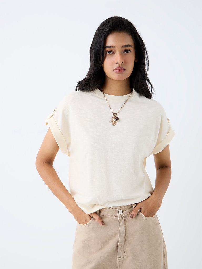 LOV Off-White Solid Cotton T-Shirt