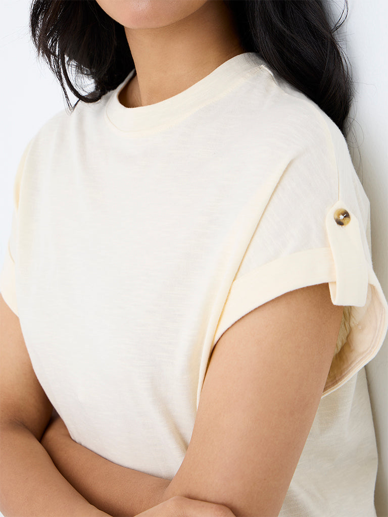 LOV Off-White Solid Cotton T-Shirt