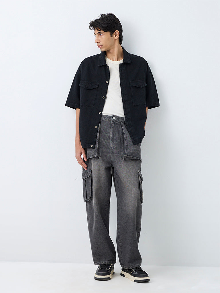 Nuon Black Boxy-Fit Denim Shirt