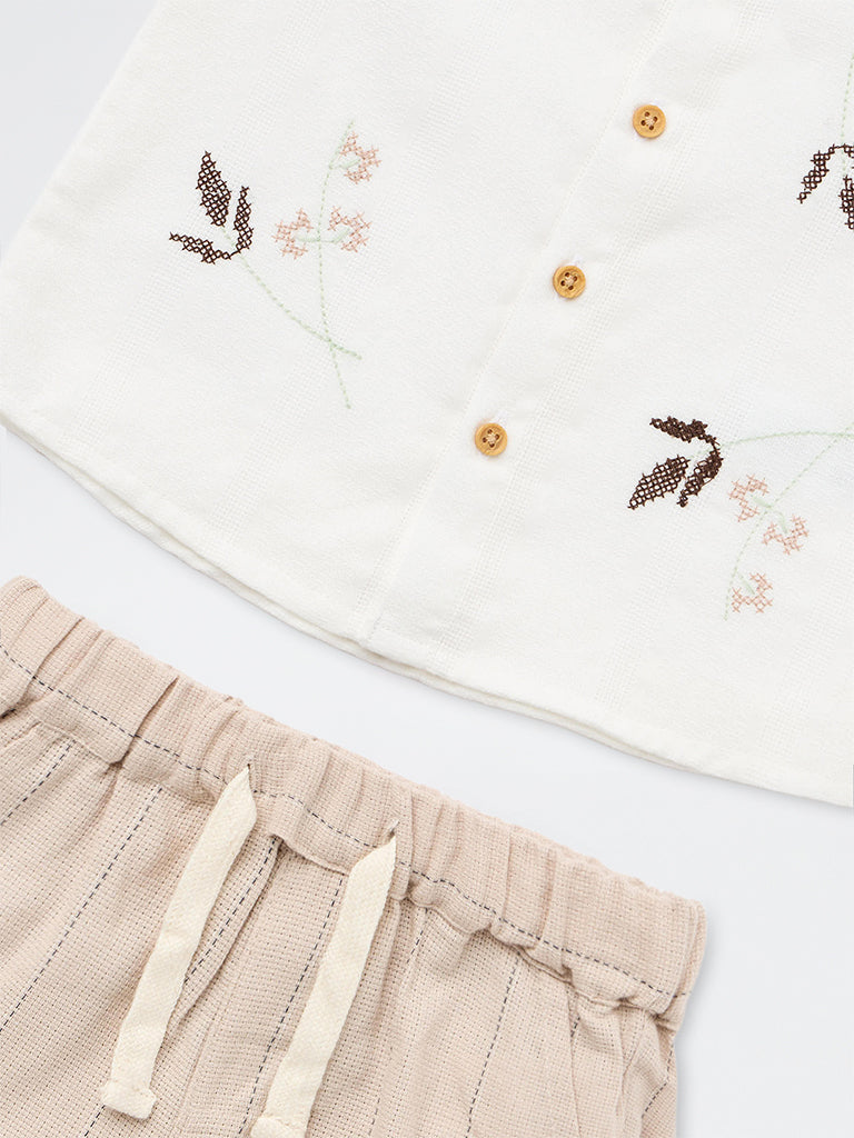 HOP Baby Boys White Embroidered Cotton Shirt and Trousers Set