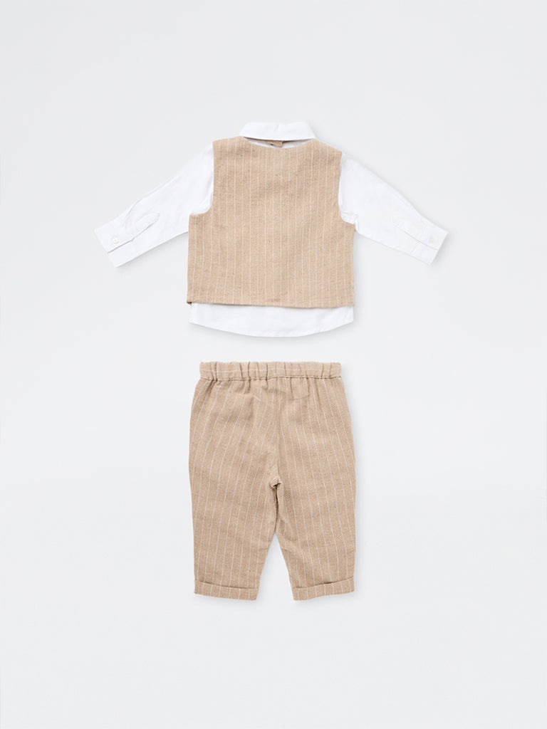 HOP Baby Boys Beige Pinstriped Cotton Waistcoat, Shirt, Trousers, and Bow Set