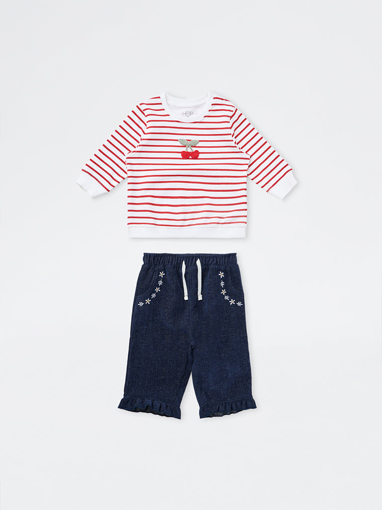 HOP Baby Girls White Stripe Printed Cotton Sweatshirt and Frill Pants Set