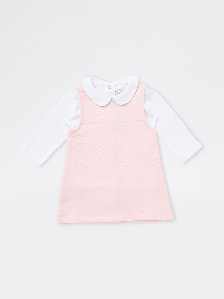 HOP Baby Girls Pink Floral Design Cotton-Blend Pinafore with T-Shirt Set