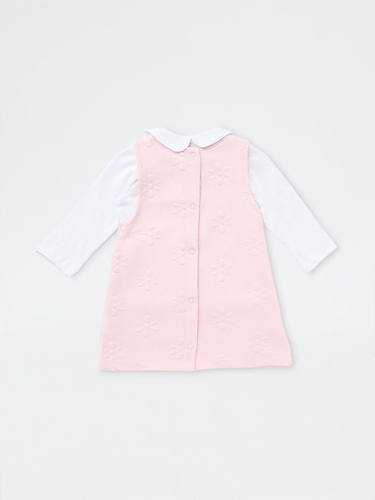 HOP Baby Girls Pink Floral Design Cotton-Blend Pinafore with T-Shirt Set