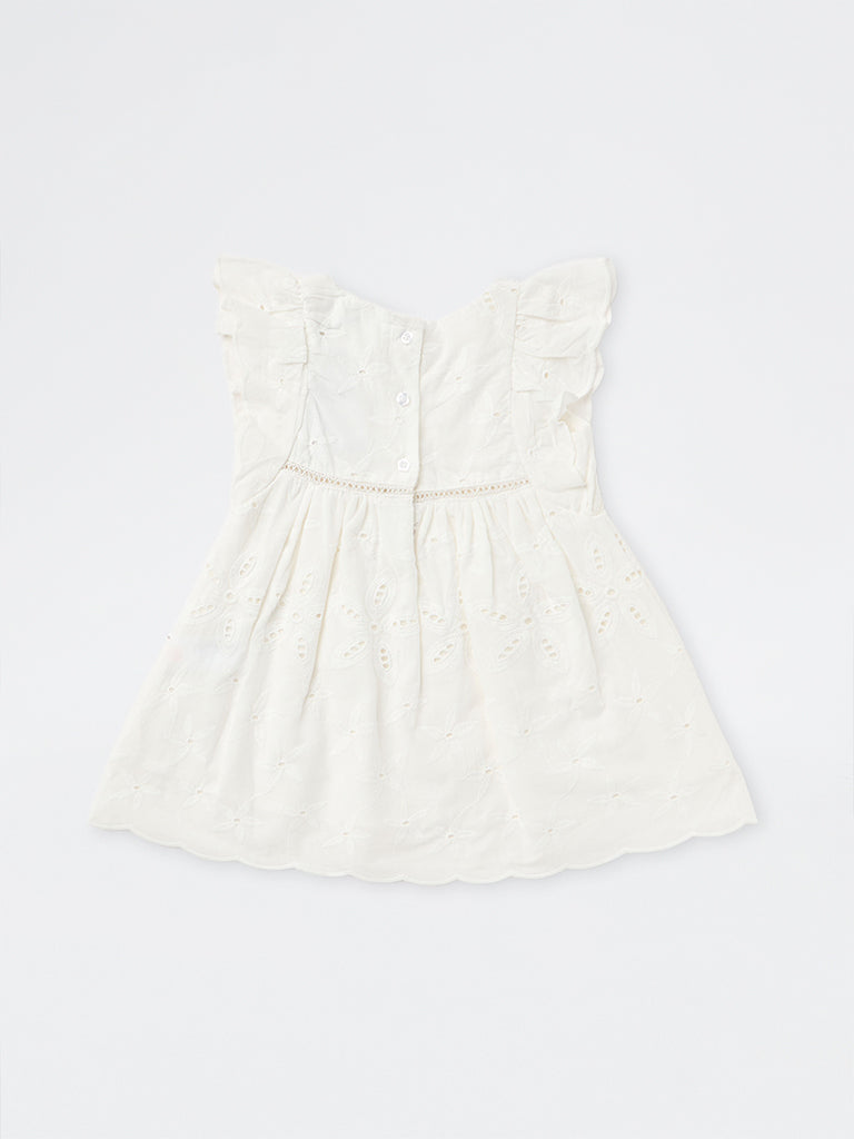 HOP Baby Girls White Floral Schiffli Detailed Cotton A-Line Dress