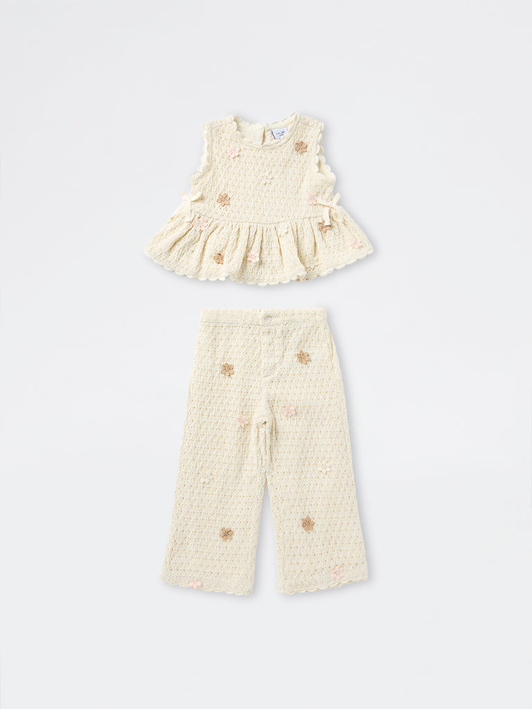 HOP Kids Girls Cream Floral Embroidered Crochet Cotton Top and Pants Set