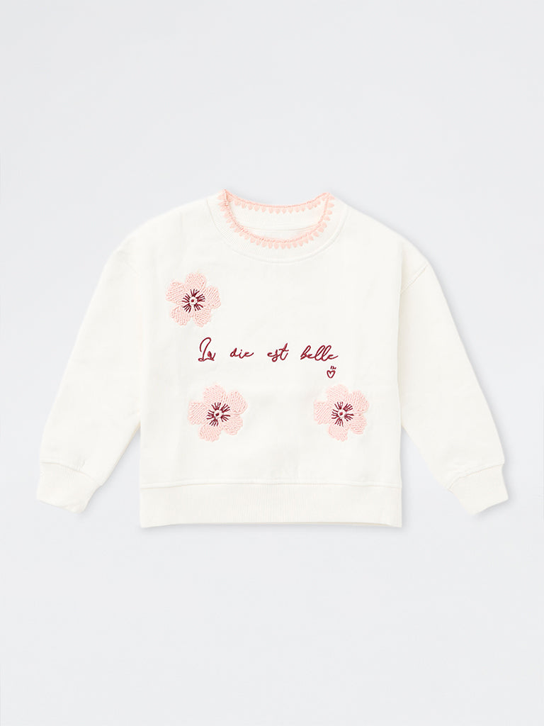 HOP Kids Girls Off-White Floral Embroidered Cotton-Blend Sweatshirt