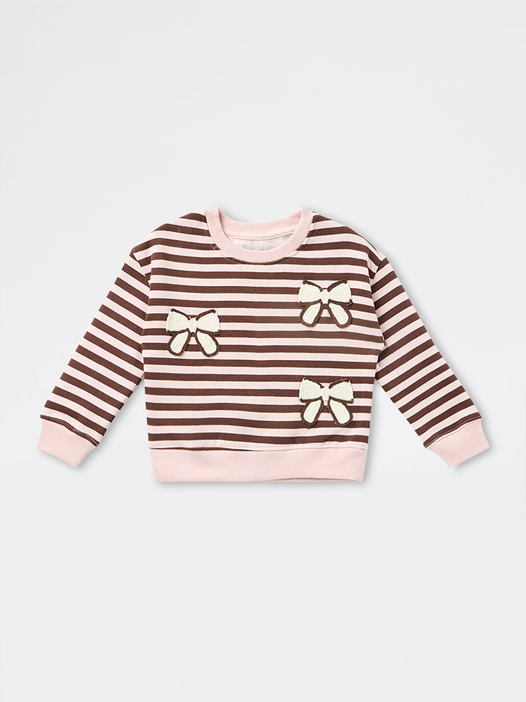HOP Kids Girls Light Pink Striped Cotton-Blend Sweatshirt