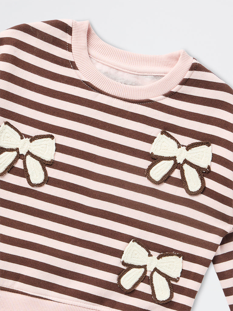 HOP Kids Girls Light Pink Striped Cotton-Blend Sweatshirt