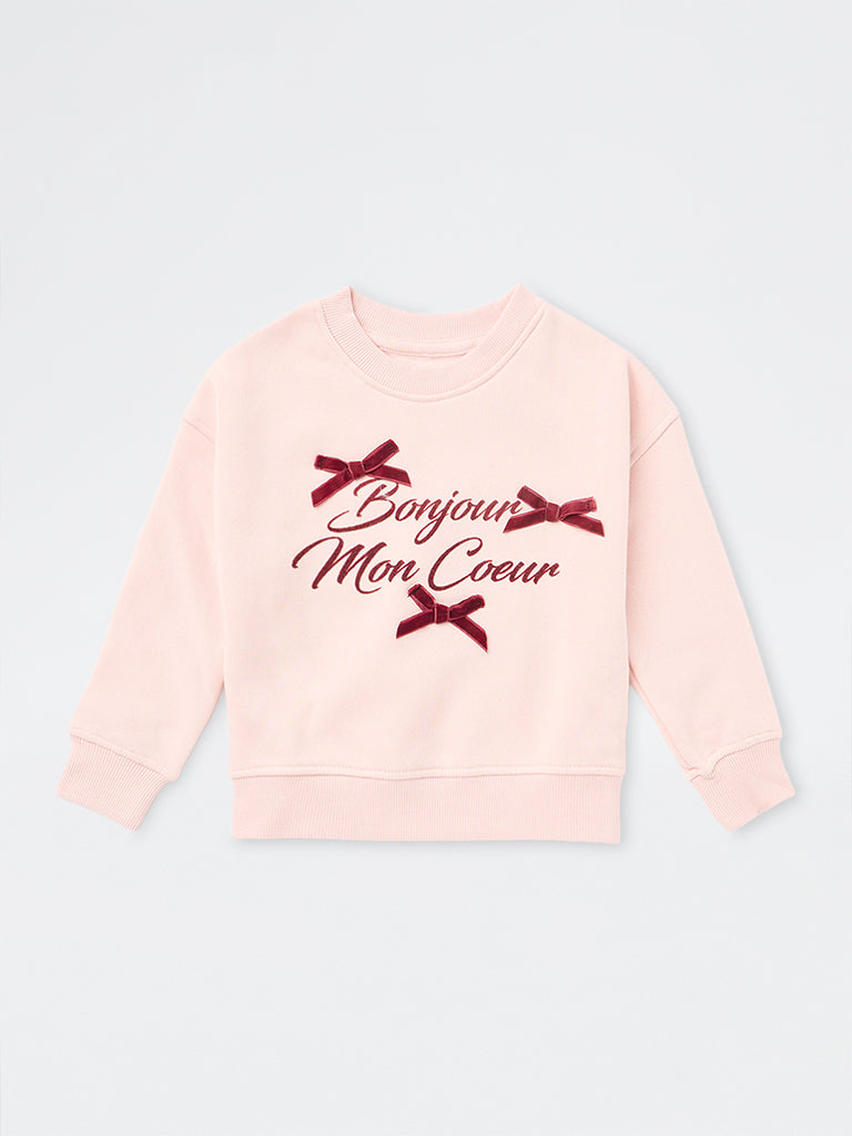 HOP Kids Girls Light Pink Text Design Cotton-Blend Sweatshirt