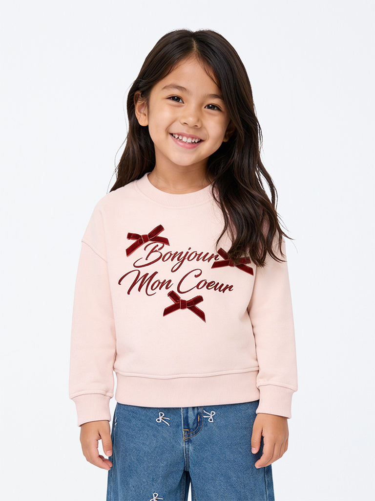 HOP Kids Girls Light Pink Text Design Cotton-Blend Sweatshirt