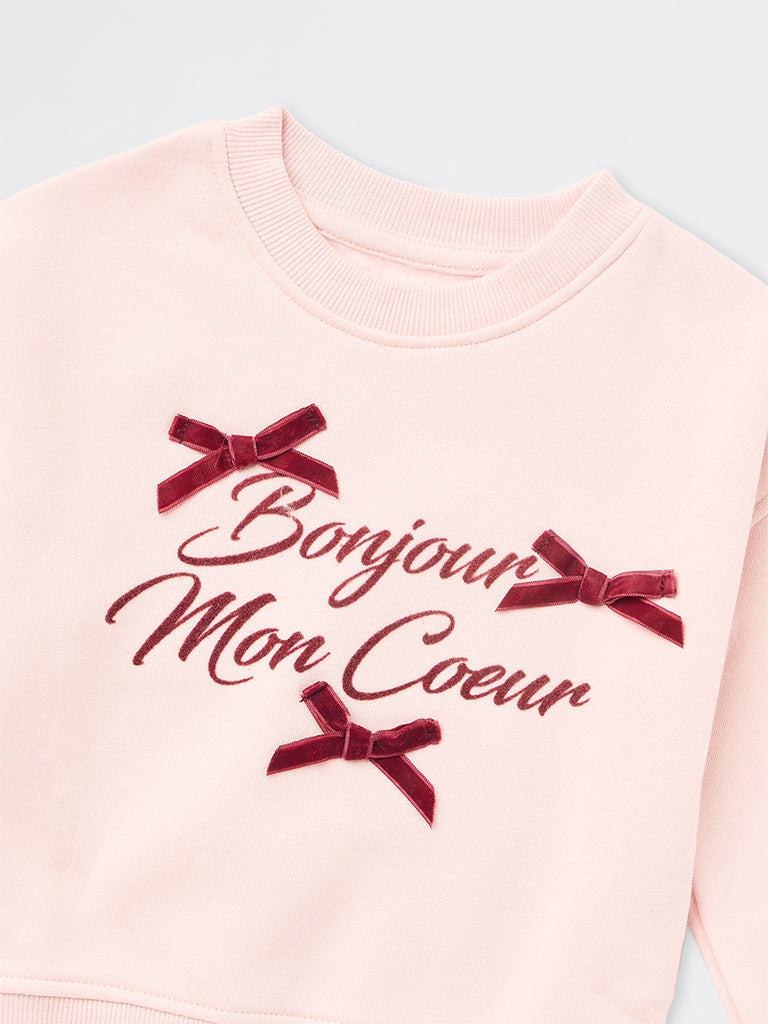 HOP Kids Girls Light Pink Text Design Cotton-Blend Sweatshirt