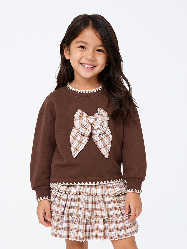 HOP Kids Girls Brown Bow Detailed Cotton-Blend Sweatshirt