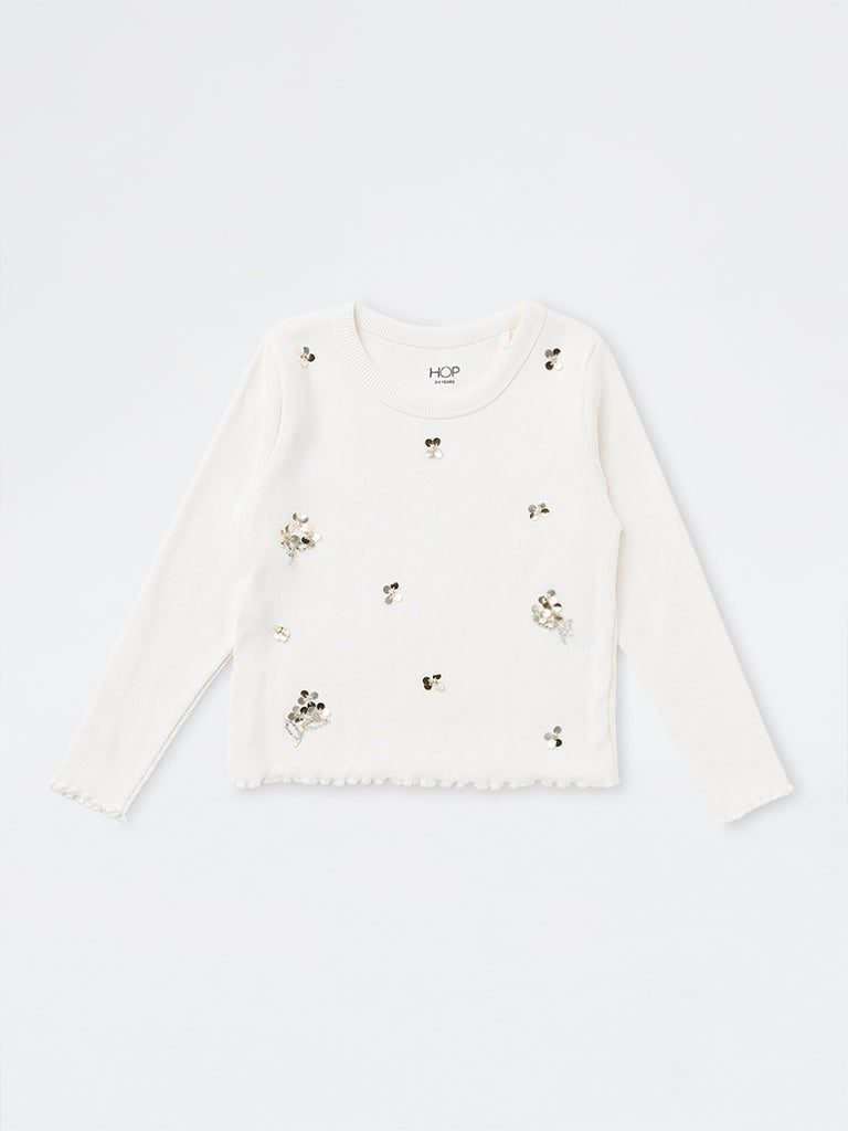 HOP Kids Girls Off-White Sequin Embellished Cotton-Blend Top