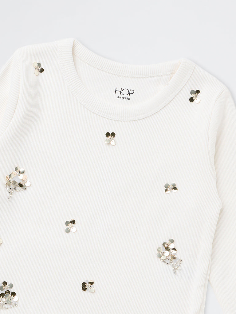 HOP Kids Girls Off-White Sequin Embellished Cotton-Blend Top
