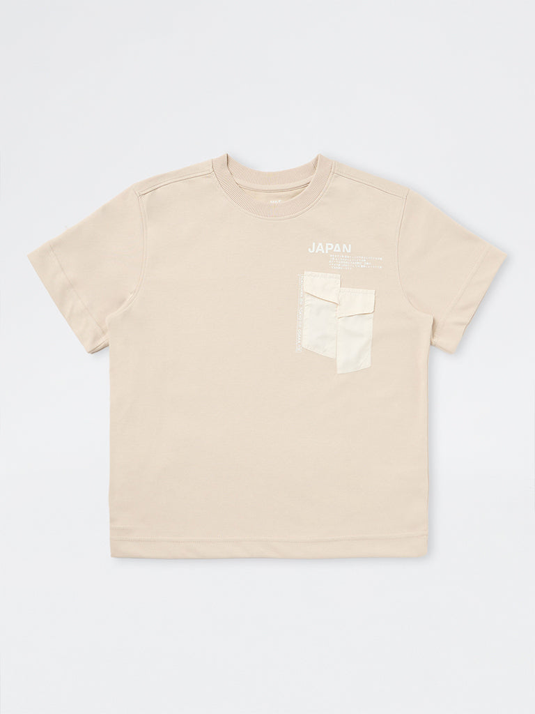 Boys Beige Text Design Cotton-Blend T-Shirt