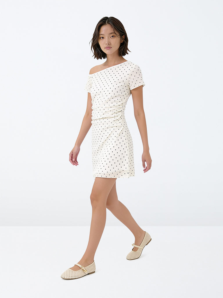 Girls Off-White Polka Dot One-Shoulder Dress