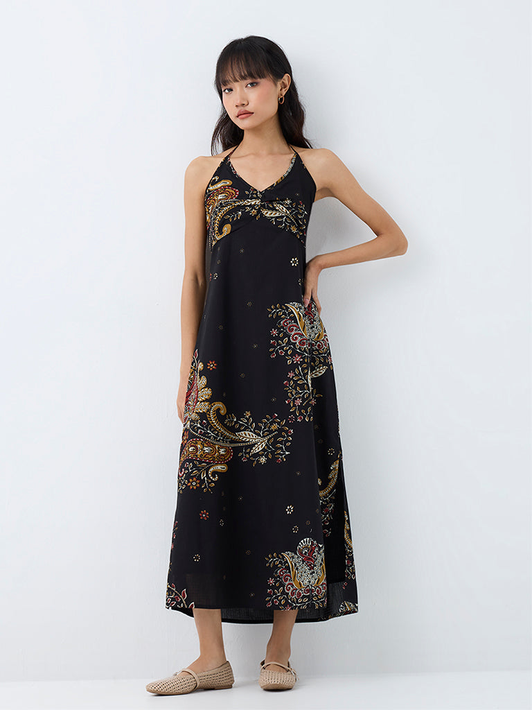 Bombay Paisley Black Floral Printed Cotton A-Line Dress