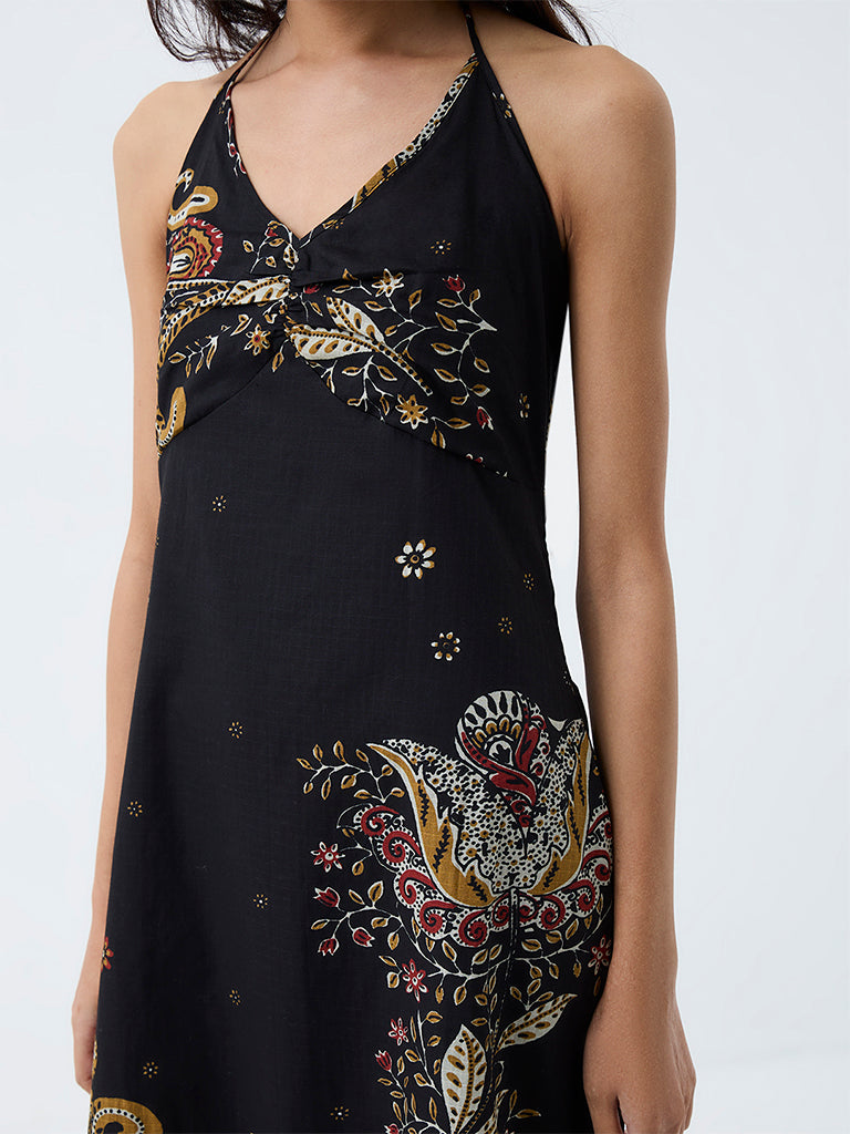 Bombay Paisley Black Floral Printed Cotton A-Line Dress