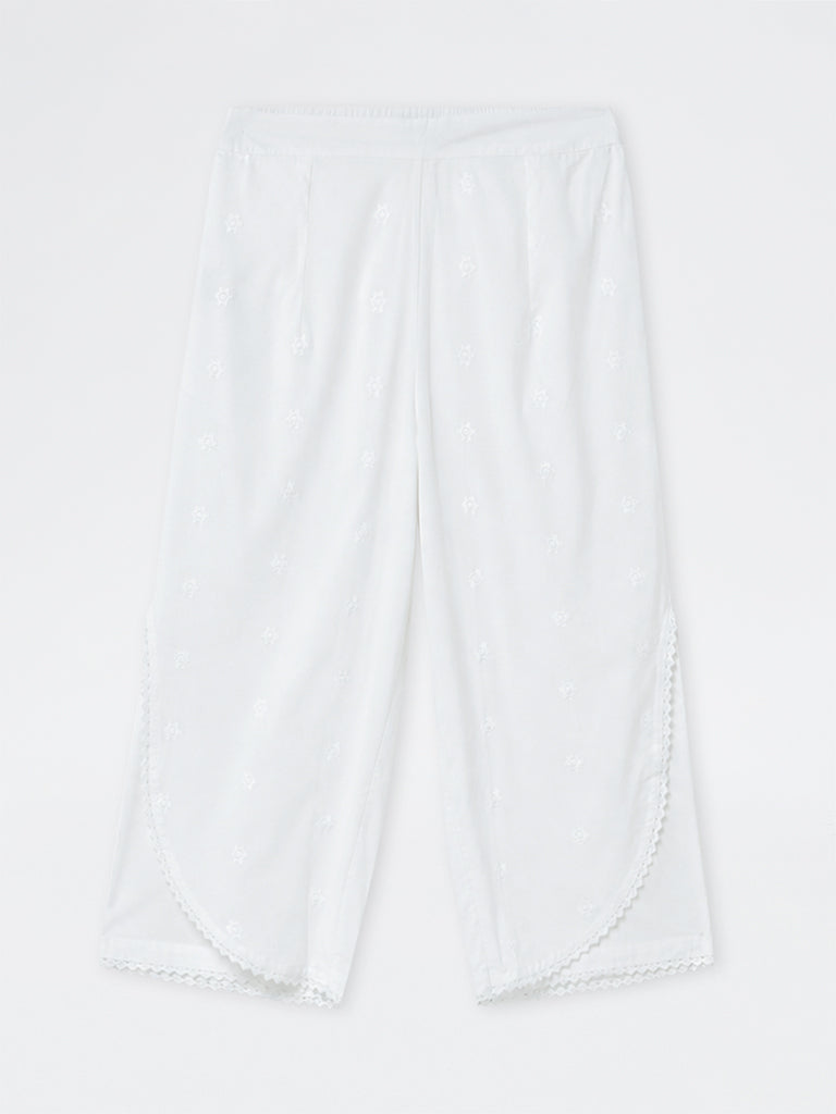 Diza White Floral Embroidered Cotton Pants