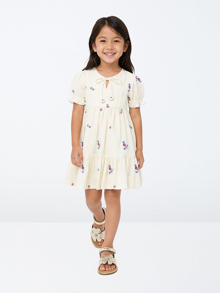 Utsa Kids Girls Off-White Floral Embroidered Cotton-Blend Fit-and-Flare Dress - (2-8 yrs)
