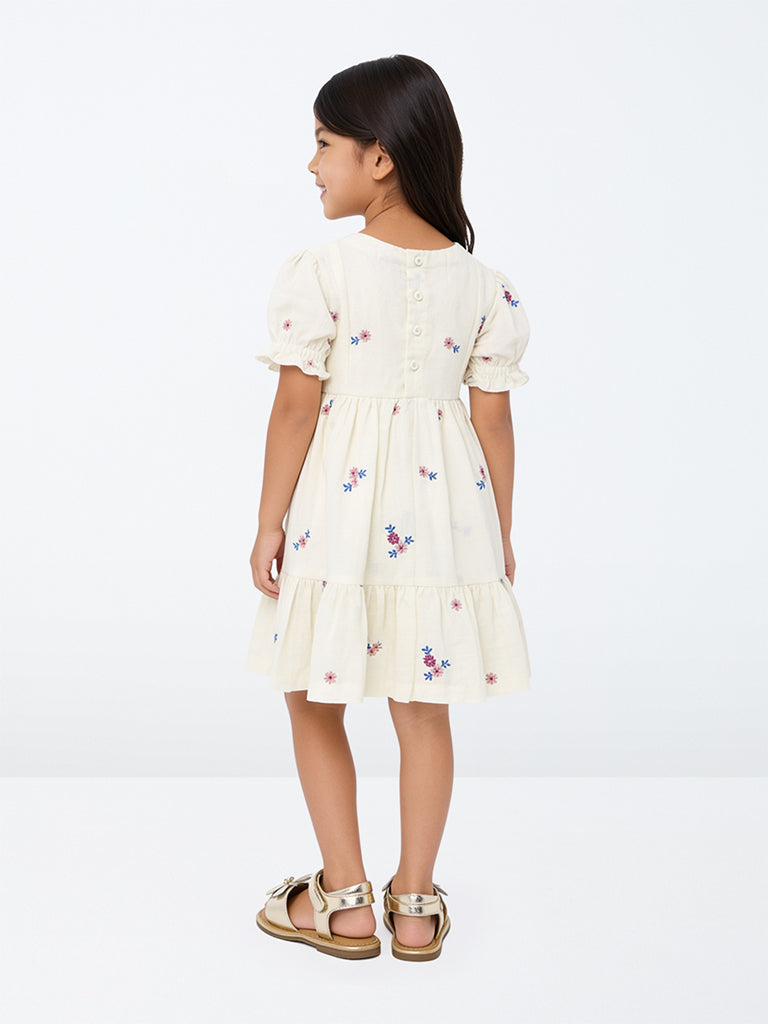 Utsa Kids Girls Off-White Floral Embroidered Cotton-Blend Fit-and-Flare Dress - (2-8 yrs)