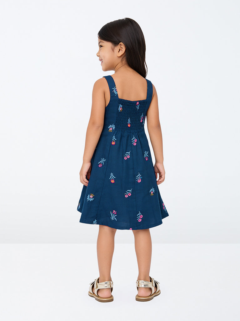 Utsa Kids Girls Dark Blue Floral Embroidered A-Line Dress - (2-8 yrs)