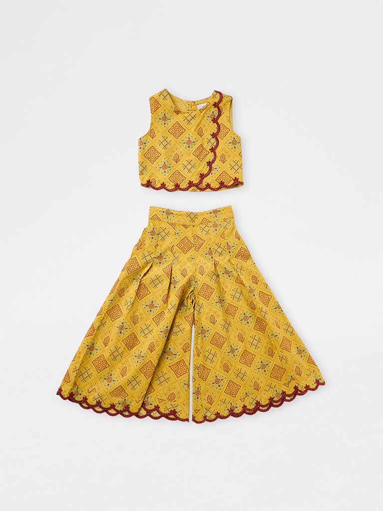 Utsa Kids Girls Yellow Printed Cotton Crop Top with Flared Palazzo Set - (2-8 yrs)