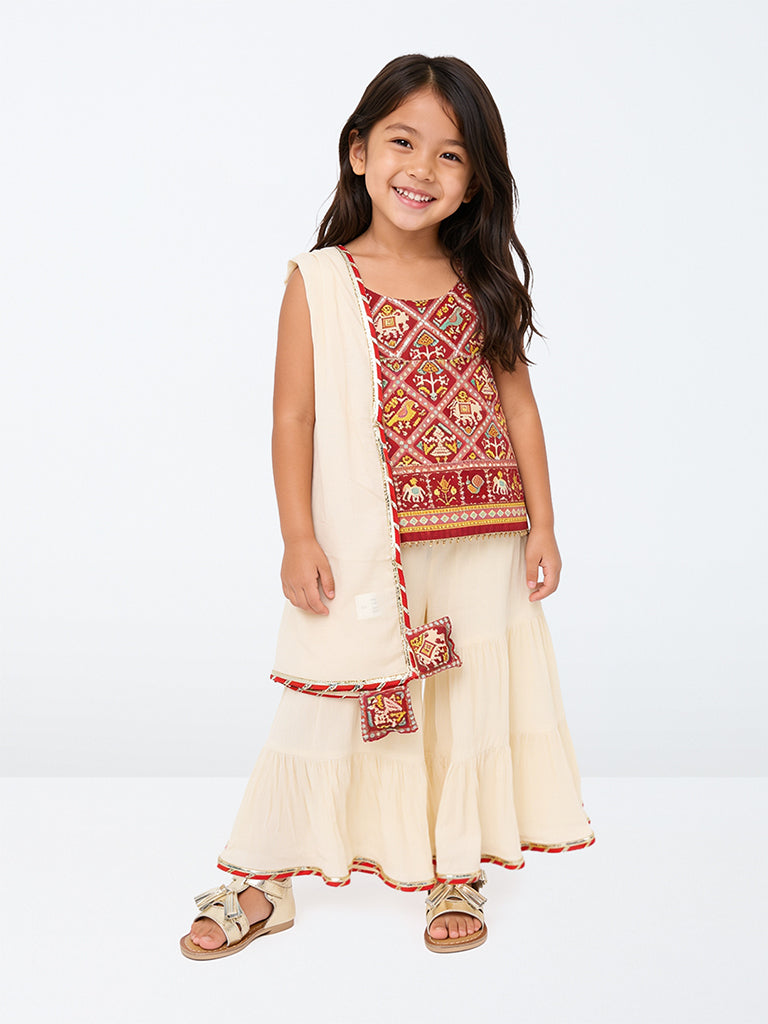 Utsa Kids Girls Red Printed Cotton Kurta with Sharara Set (2-8 yrs)