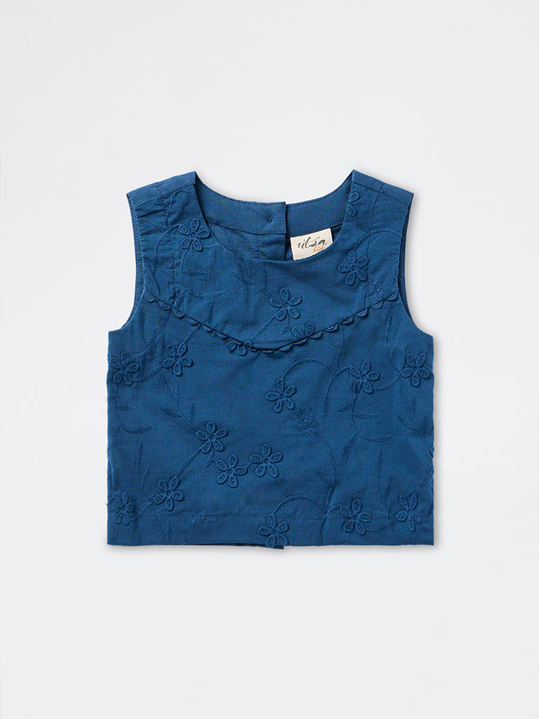 Utsa Kids Girls Dark Blue Floral Embroidered Cotton Top - (2-8 yrs)