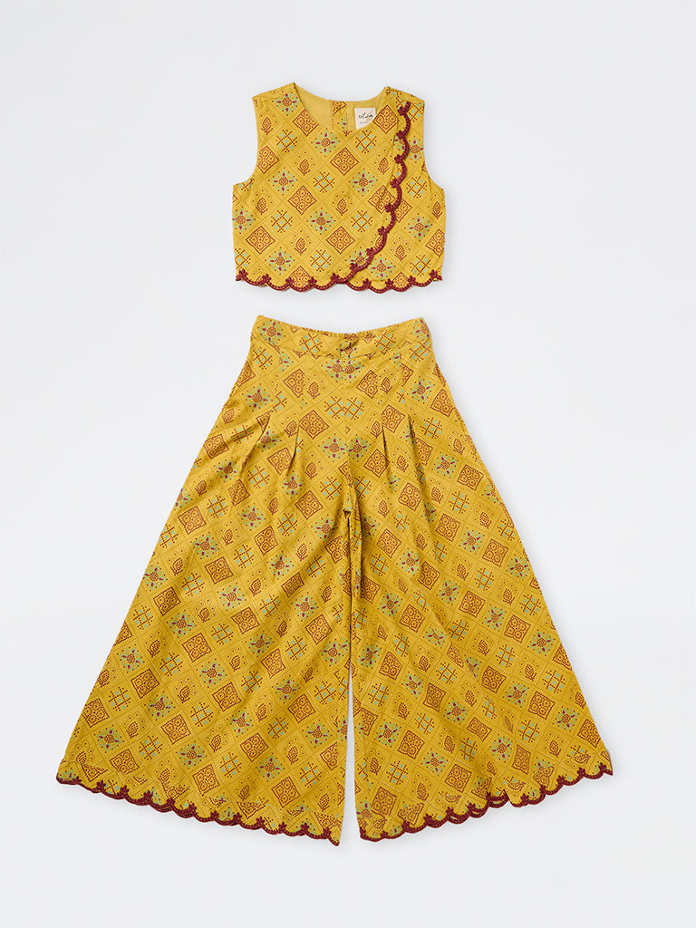 Utsa Kids Girls Yellow Printed Cotton Crop Top with Palazzo Set (8-14 yrs)