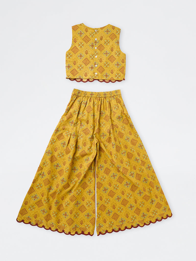 Utsa Kids Girls Yellow Printed Cotton Crop Top with Palazzo Set (8-14 yrs)