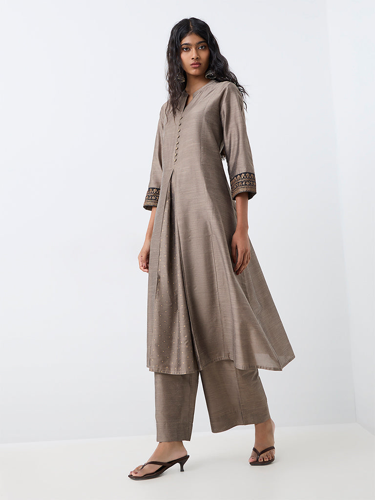 Utsa Grey Panelled Fit-and-Flare Kurta