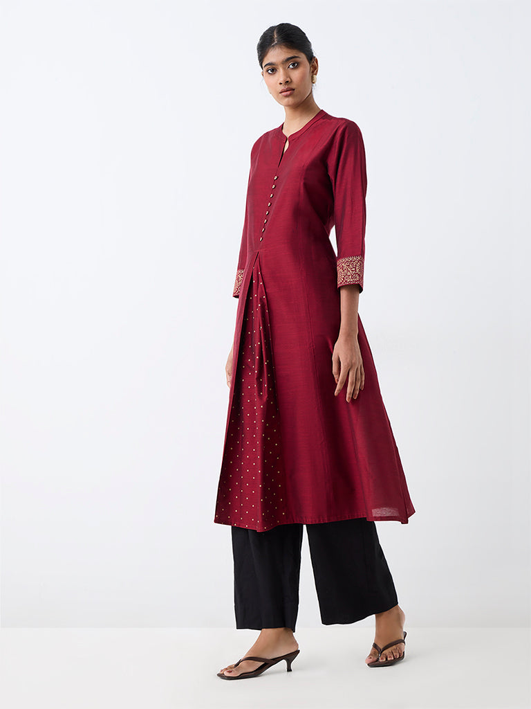 Utsa Burgundy Panelled Fit-and-Flare Kurta