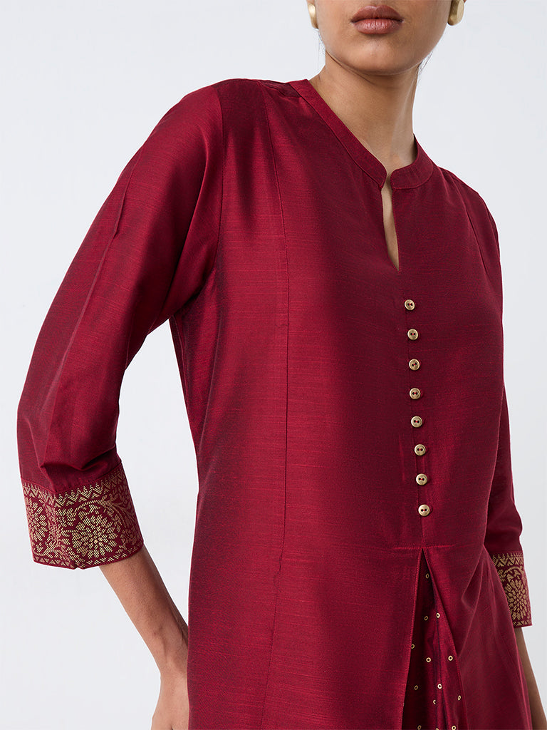 Utsa Burgundy Panelled Fit-and-Flare Kurta