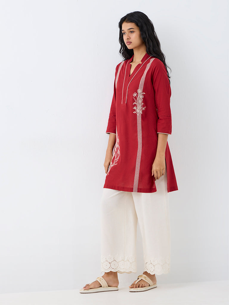 Utsa Red Floral Embroidered Cotton Straight Kurta