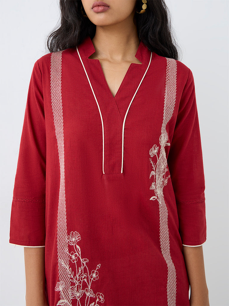 Utsa Red Floral Embroidered Cotton Straight Kurta