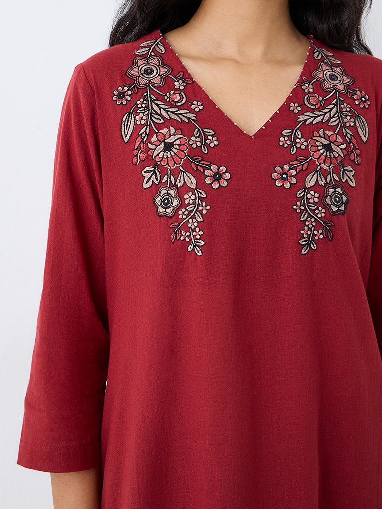 Utsa Red Floral Embroidered Flared Cotton Kurta