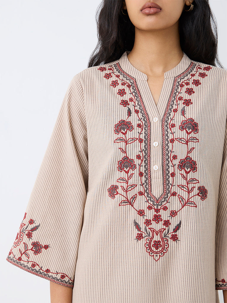 Utsa Light Beige Floral Embroidered Cotton-Blend A-Line Kurta